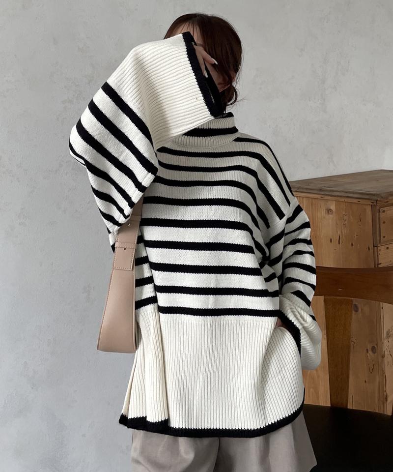 ボーダーBIGタートルニットプルオーバー