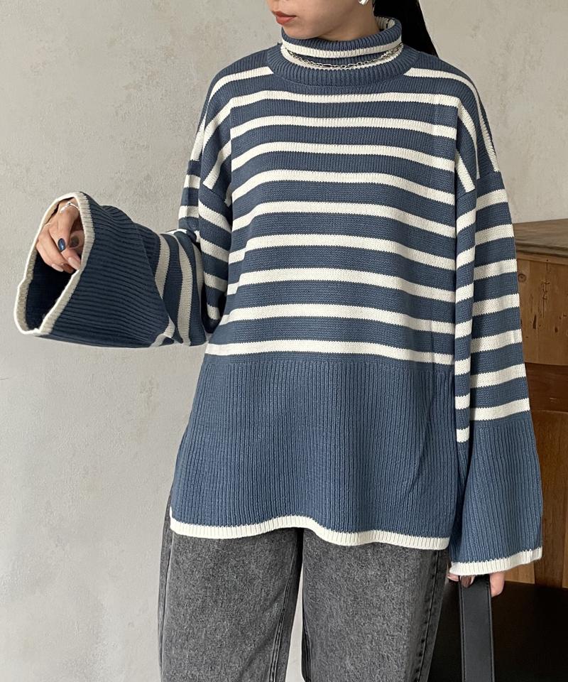 ボーダーBIGタートルニットプルオーバー