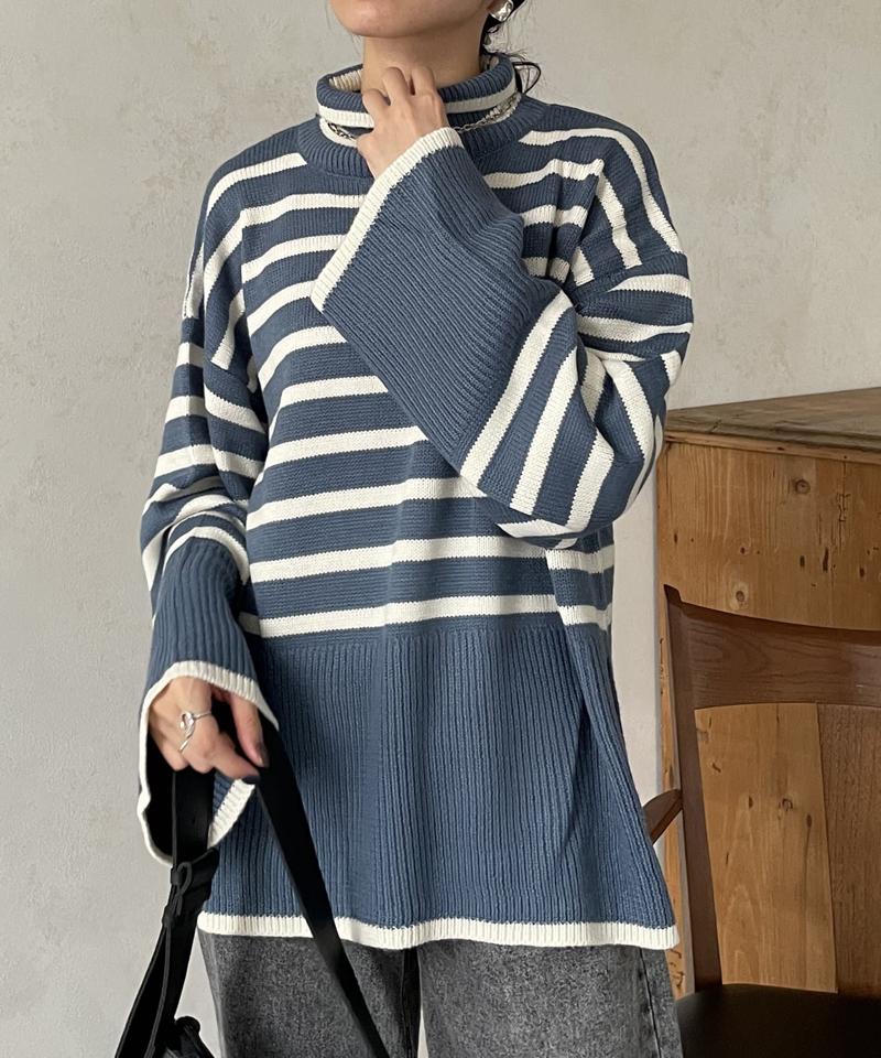 ボーダーBIGタートルニットプルオーバー