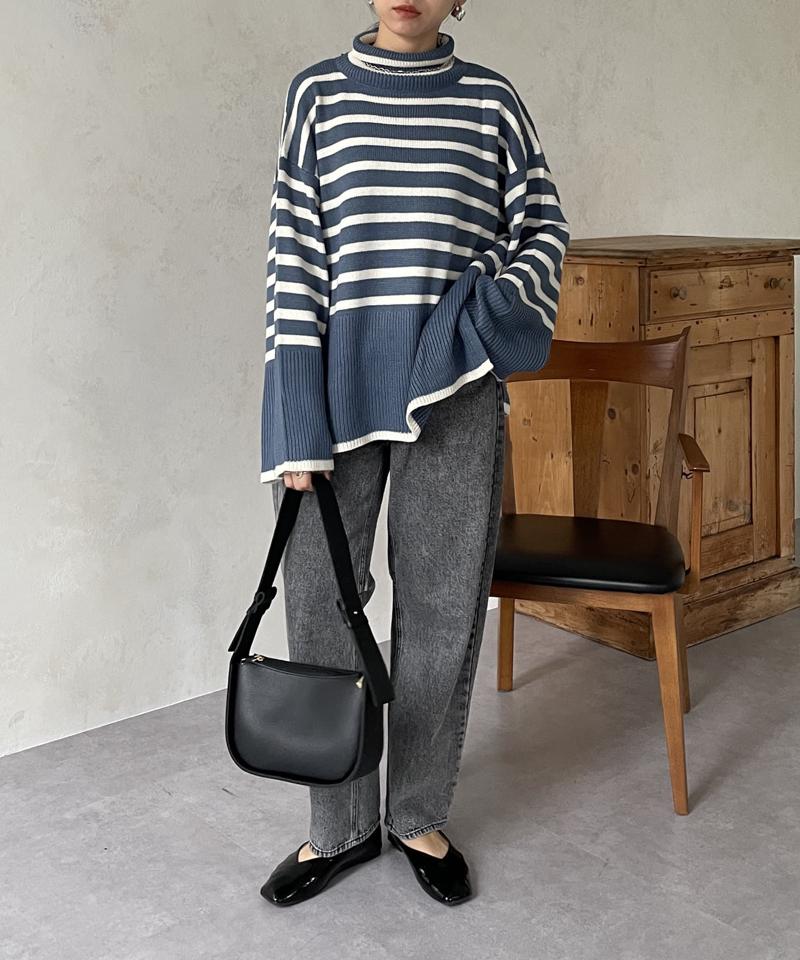 ボーダーBIGタートルニットプルオーバー