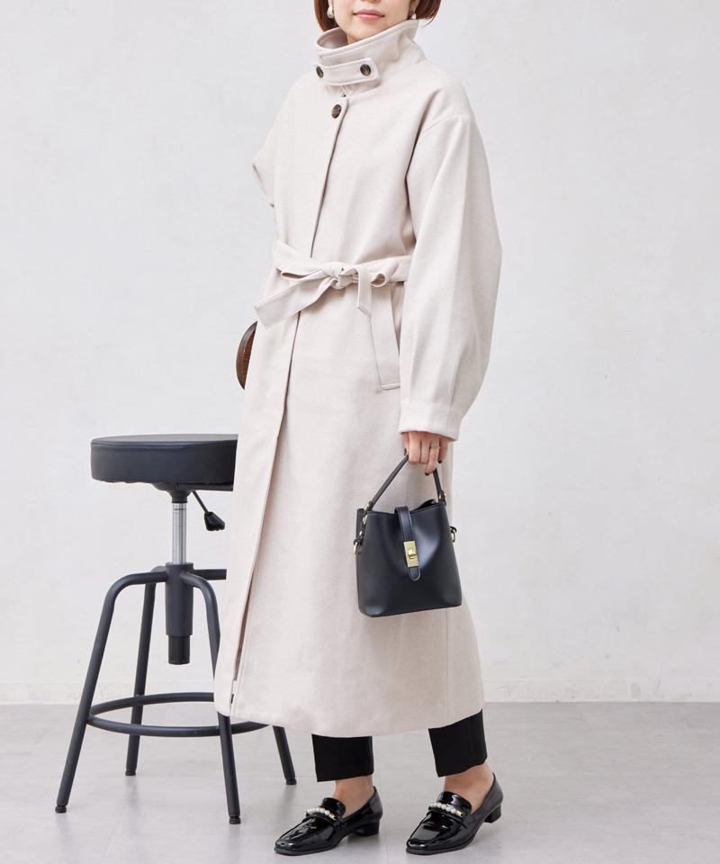 ベルト付スタンドネックロングコート