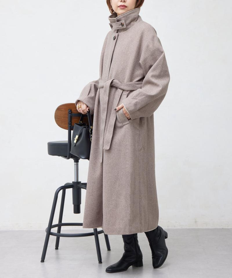 ベルト付スタンドネックロングコート