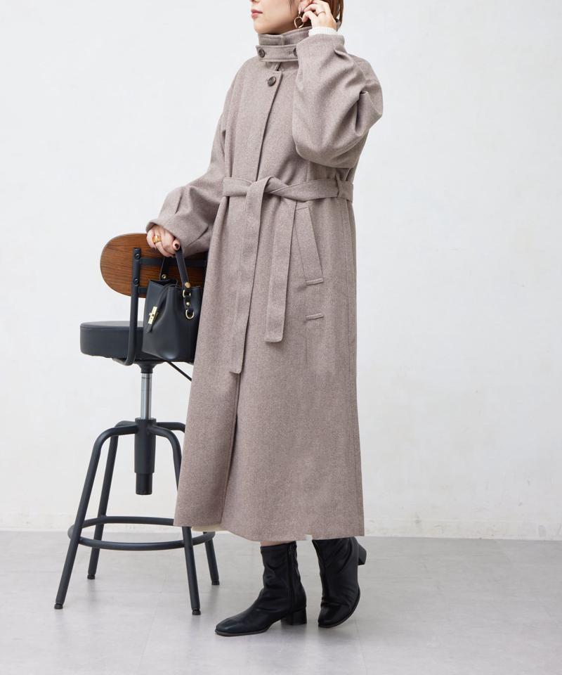 ベルト付スタンドネックロングコート