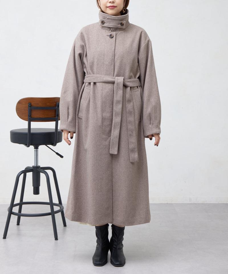ベルト付スタンドネックロングコート