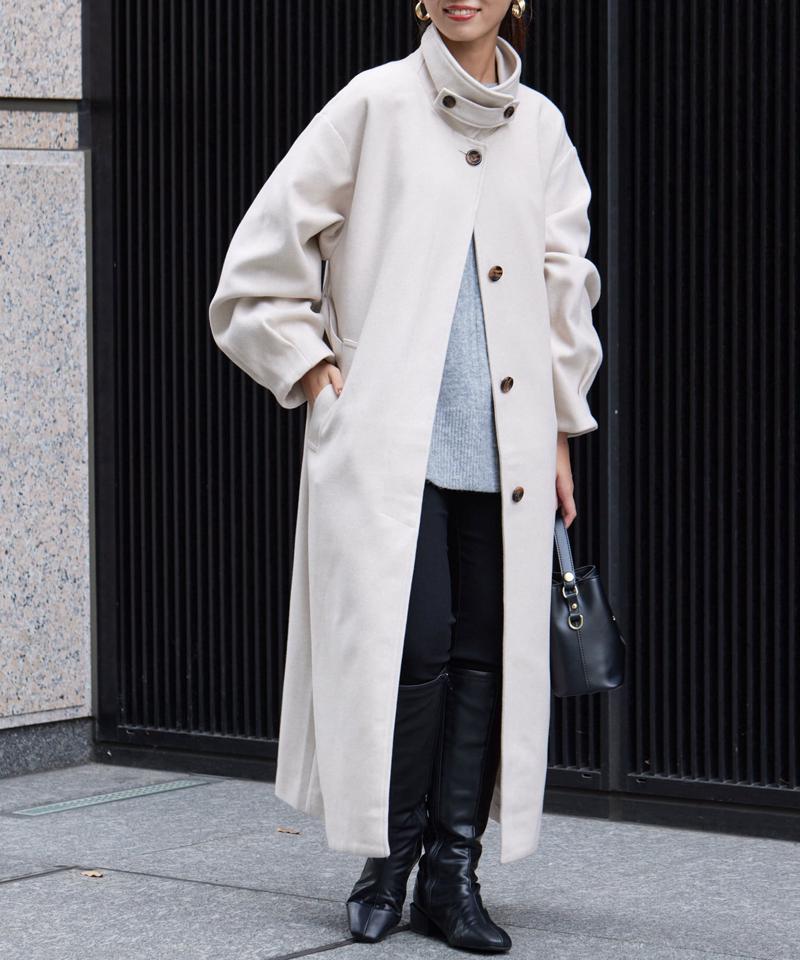 ベルト付スタンドネックロングコート