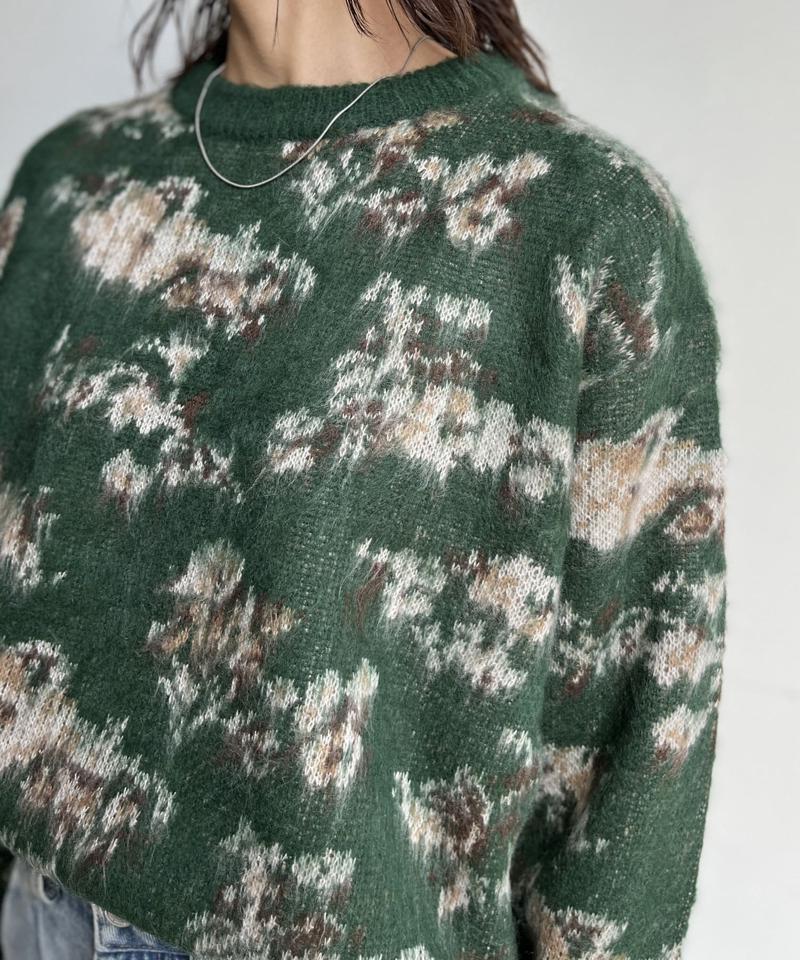 ぼかし花柄シャギーニット
