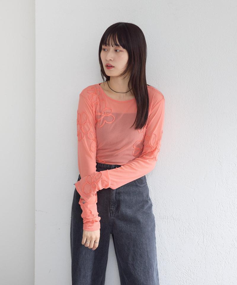 フラワーコード刺繍シアーTOPS