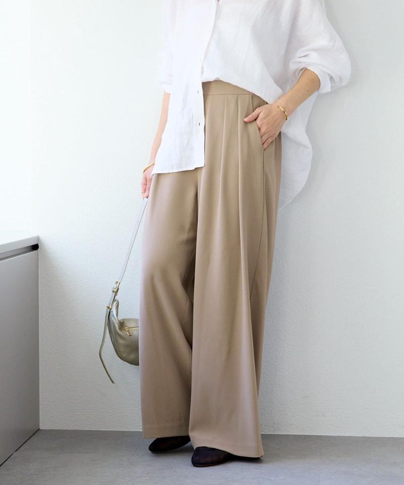 【-3kg見え/ウエストゴム/ウォッシャブル/3サイズ】タックワイドスラックス