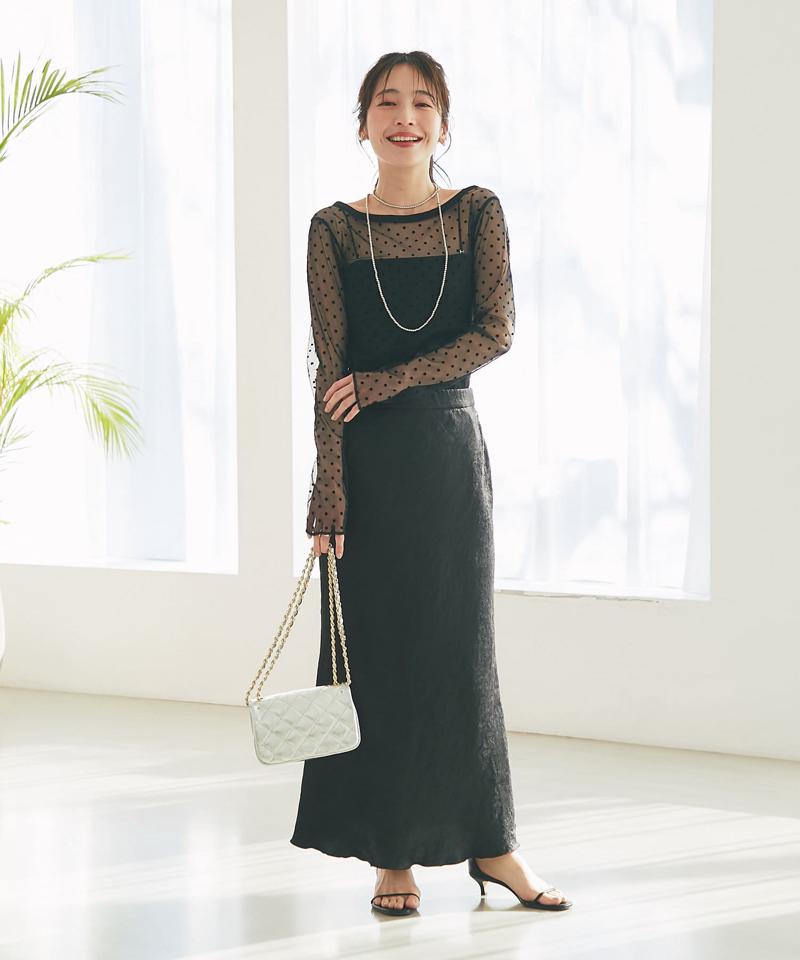 【名品・4サイズ展開】きらきらサテンロングナロースカート