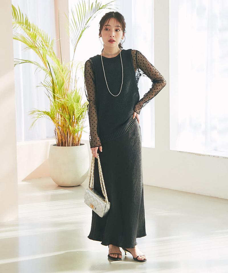 【名品・4サイズ展開】きらきらサテンロングナロースカート