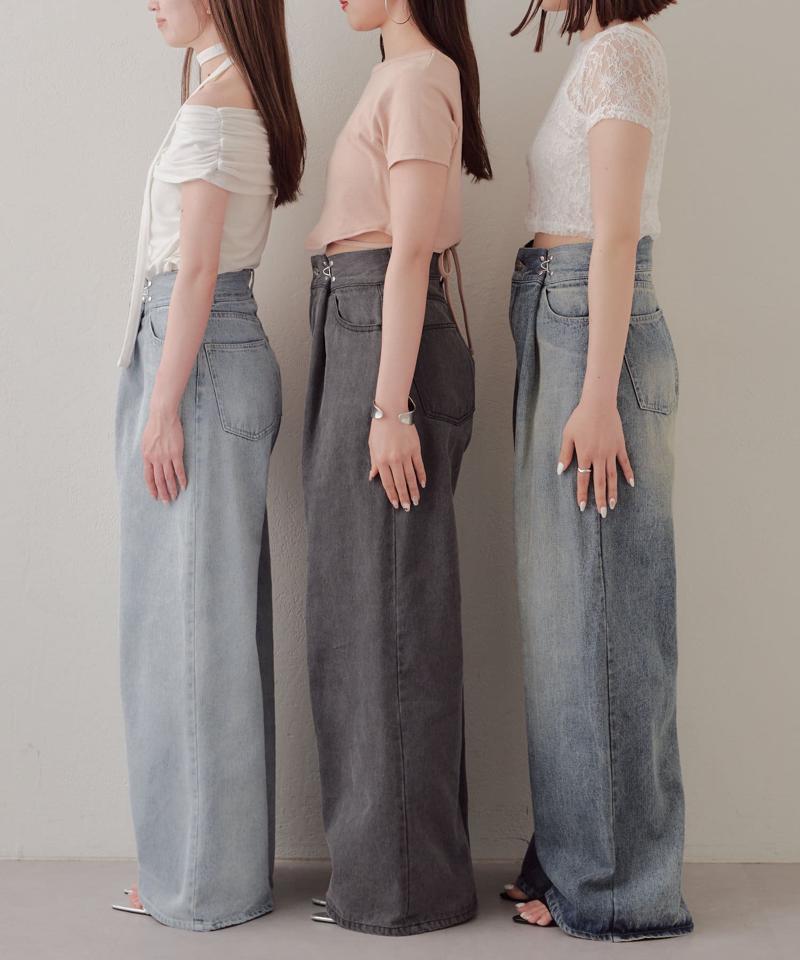 【3色/4サイズ展開】ハートプリントボックスワイドデニムパンツ