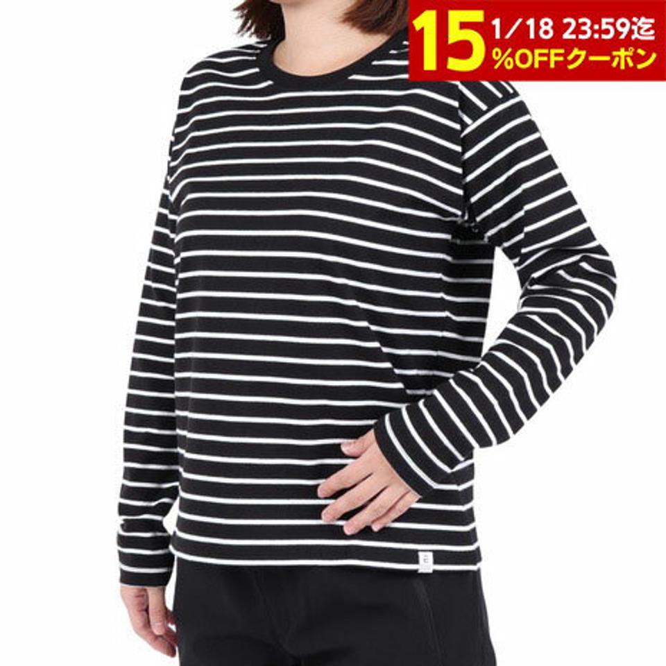 【15%OFFクーポン対象！1/25まで】エルケクス（ELKEX）（レディース）長袖クルーネック ストライプTシャツ EKL3FA0012 BLK