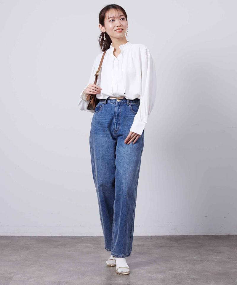 ネックフリル肩ギャザーブラウス