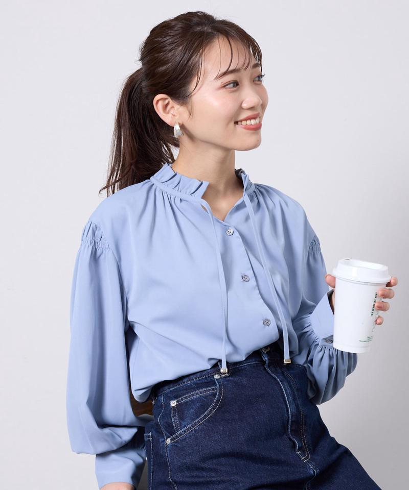 ネックフリル肩ギャザーブラウス