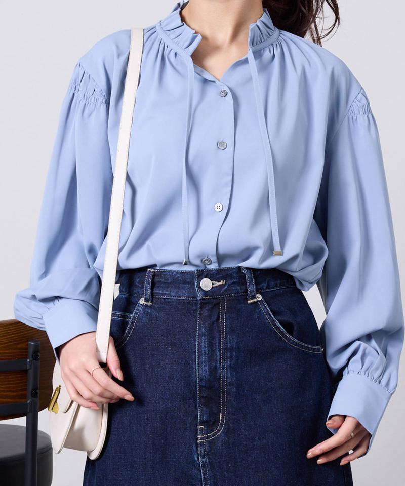 ネックフリル肩ギャザーブラウス