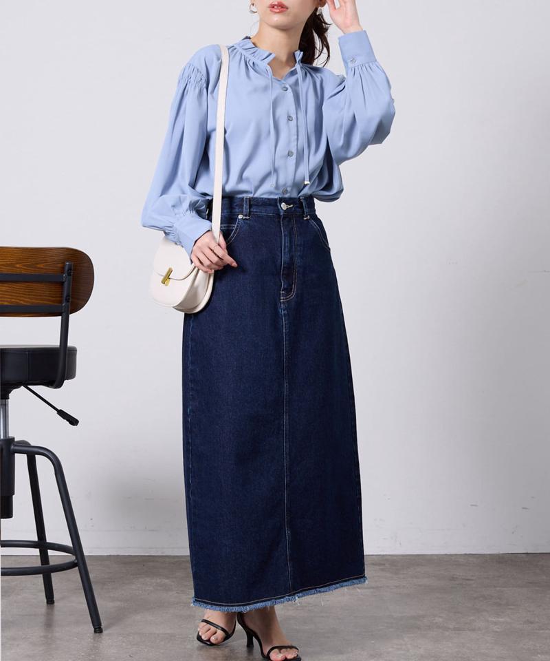 ネックフリル肩ギャザーブラウス