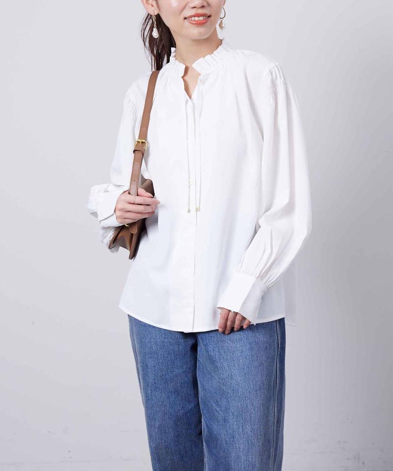 ネックフリル肩ギャザーブラウス