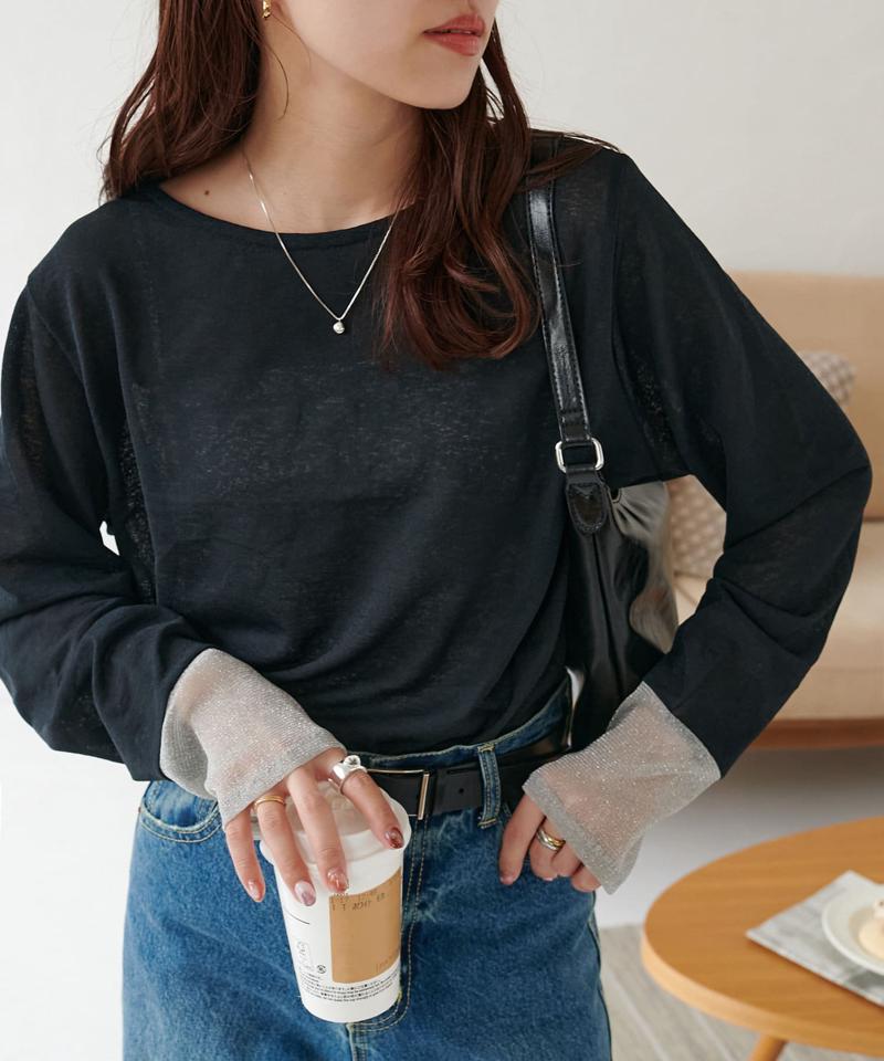 【万能インナー】ラメシアー袖切替プルオーバー《WEB限定》