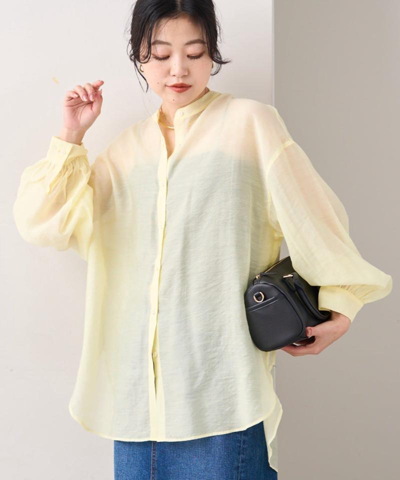 【累計販売数１万枚突破/程よい透け感】シアーバンドカラーシャツ
