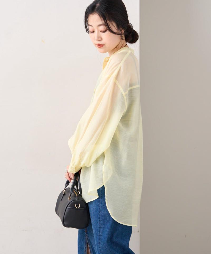 【累計販売数１万枚突破/程よい透け感】シアーバンドカラーシャツ