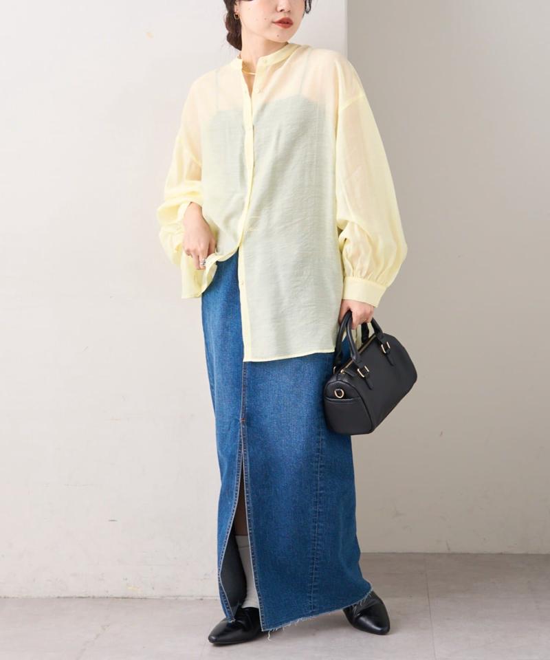 【累計販売数１万枚突破/程よい透け感】シアーバンドカラーシャツ