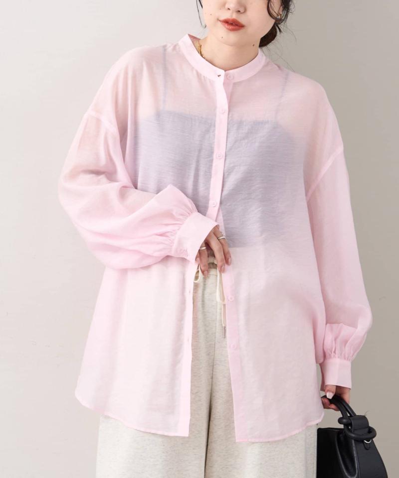 【累計販売数１万枚突破/程よい透け感】シアーバンドカラーシャツ