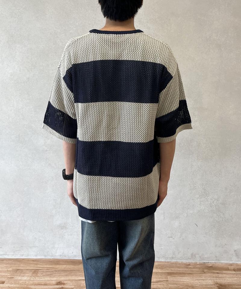 透かしボーダー半袖ニットプルオーバー