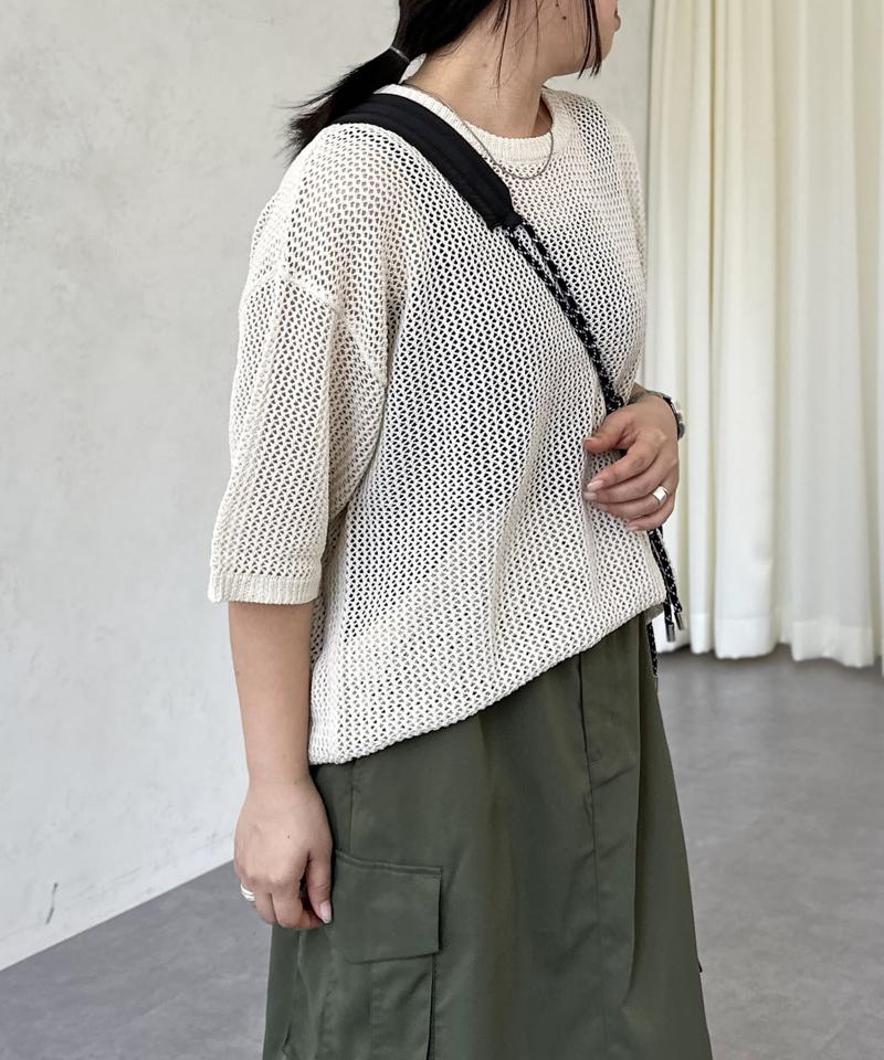 透かしボーダー半袖ニットプルオーバー