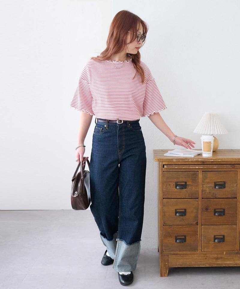 【二の腕カバーにも◎／22色展開】リブメローフレア5分袖≪WEB限定≫