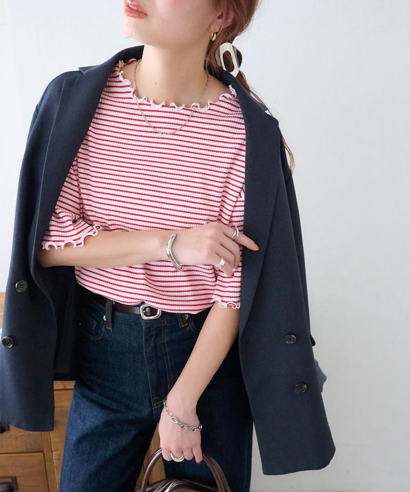 【二の腕カバーにも◎／22色展開】リブメローフレア5分袖≪WEB限定≫