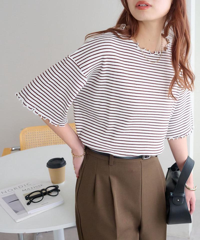 【二の腕カバーにも◎／22色展開】リブメローフレア5分袖≪WEB限定≫