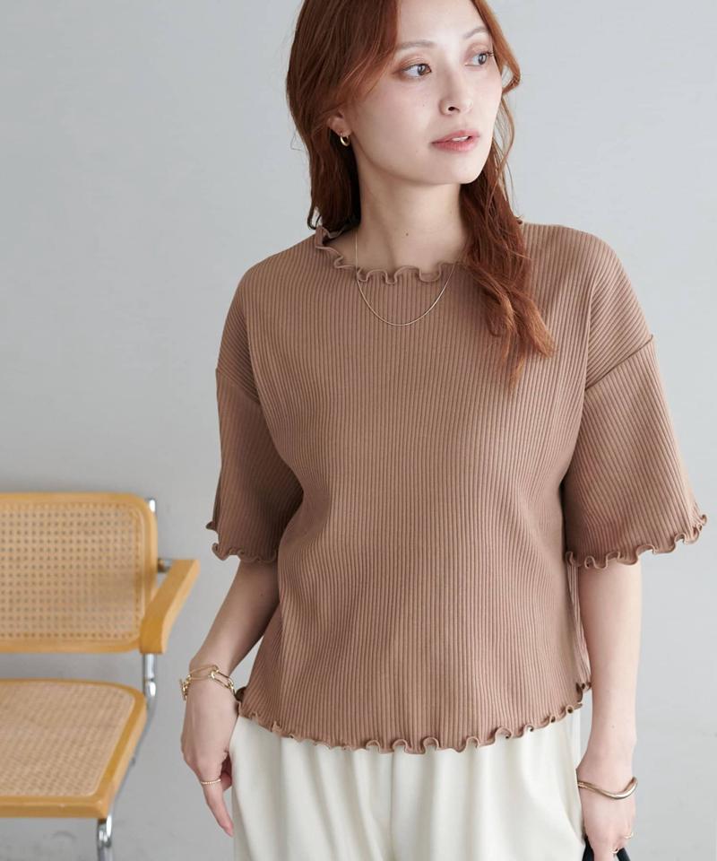 【二の腕カバーにも◎／22色展開】リブメローフレア5分袖≪WEB限定≫