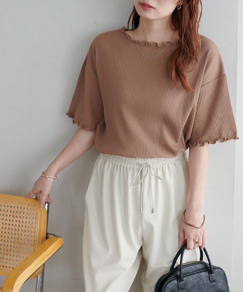 【二の腕カバーにも◎／22色展開】リブメローフレア5分袖≪WEB限定≫