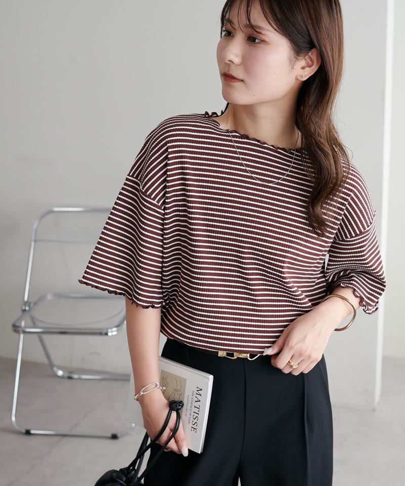 【二の腕カバーにも◎／22色展開】リブメローフレア5分袖≪WEB限定≫