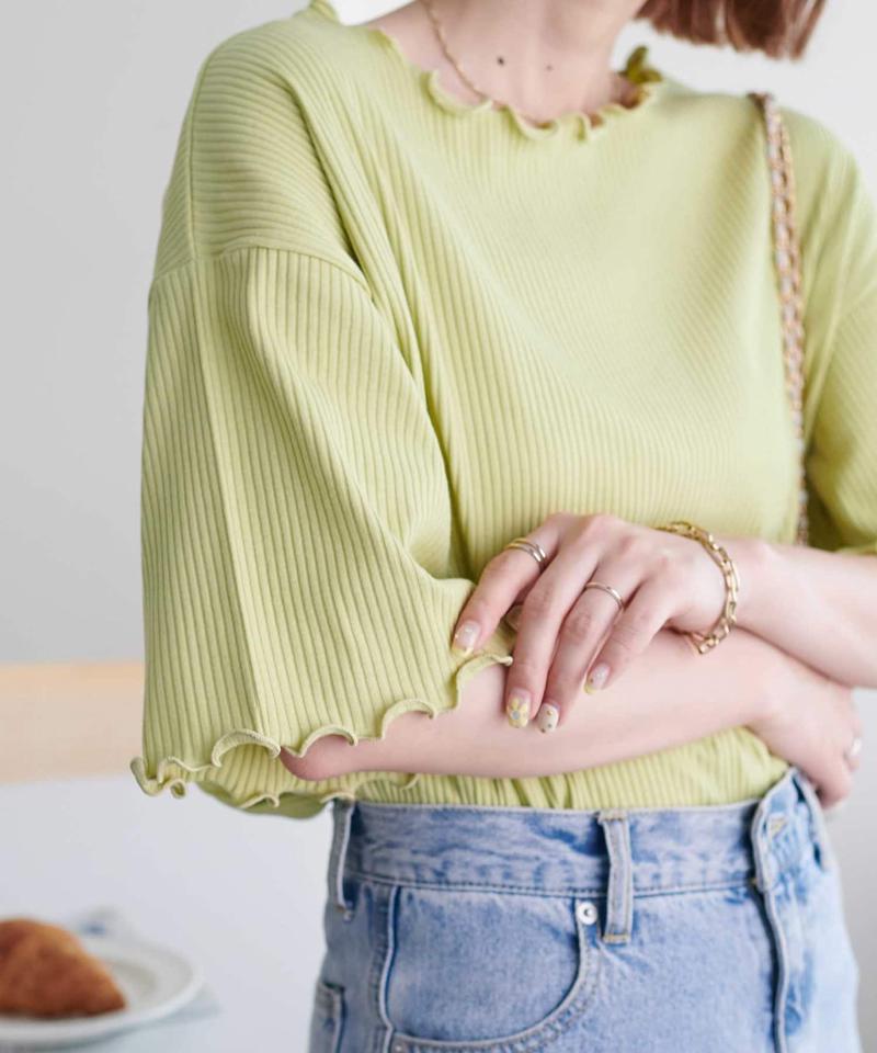 【二の腕カバーにも◎／22色展開】リブメローフレア5分袖≪WEB限定≫