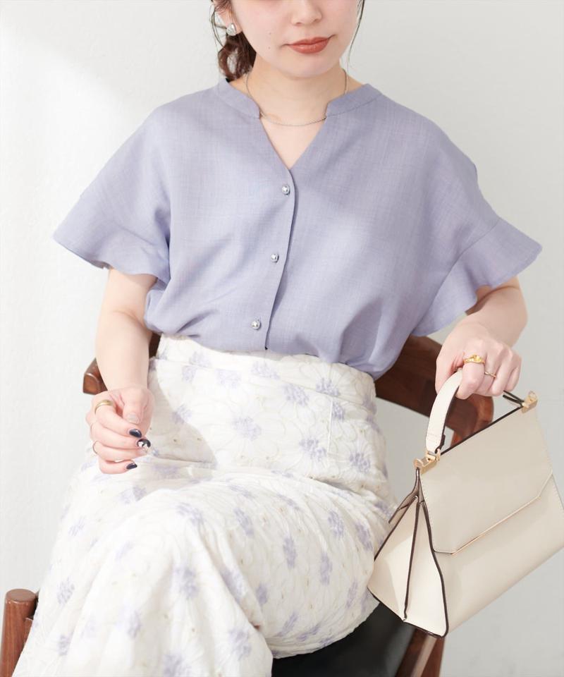 麻調合繊フリル袖ブラウス