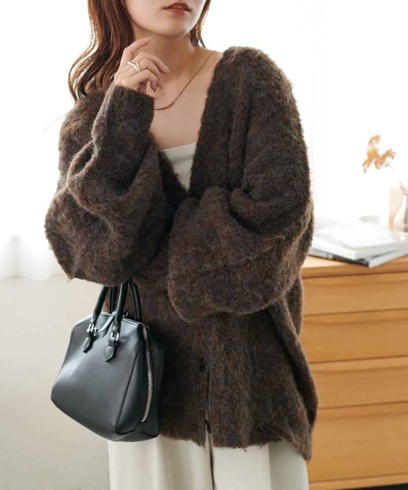 【柔らか素材/15色展開】MIXブークレシャギー配色Vネックカーディガン《WEB限定》