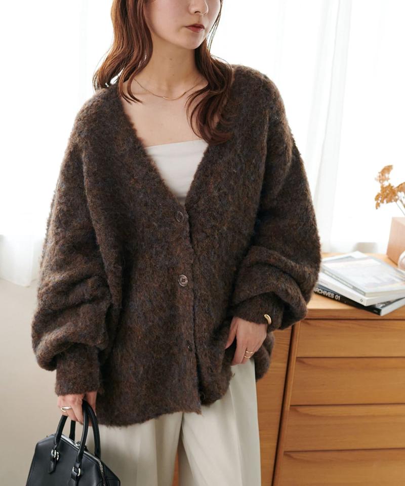 【柔らか素材/15色展開】MIXブークレシャギー配色Vネックカーディガン《WEB限定》