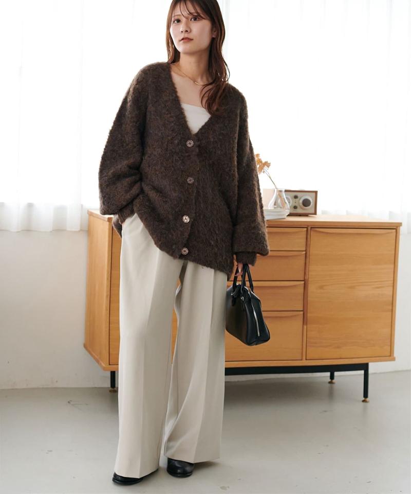 【柔らか素材/15色展開】MIXブークレシャギー配色Vネックカーディガン《WEB限定》