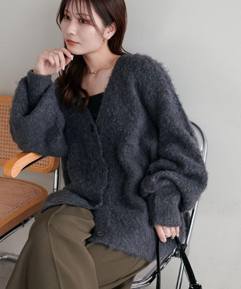 【柔らか素材/15色展開】MIXブークレシャギー配色Vネックカーディガン《WEB限定》