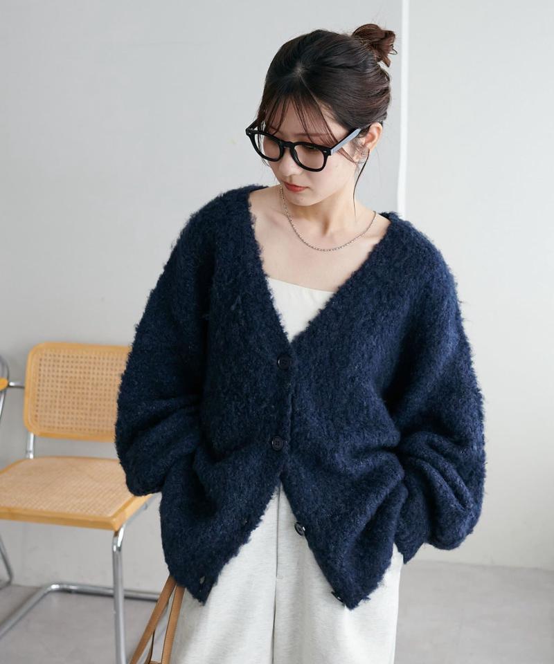 【柔らか素材/15色展開】MIXブークレシャギー配色Vネックカーディガン《WEB限定》