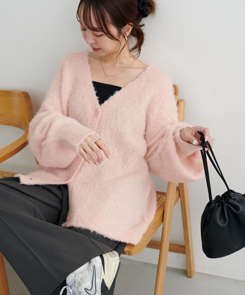 【柔らか素材/15色展開】MIXブークレシャギー配色Vネックカーディガン《WEB限定》