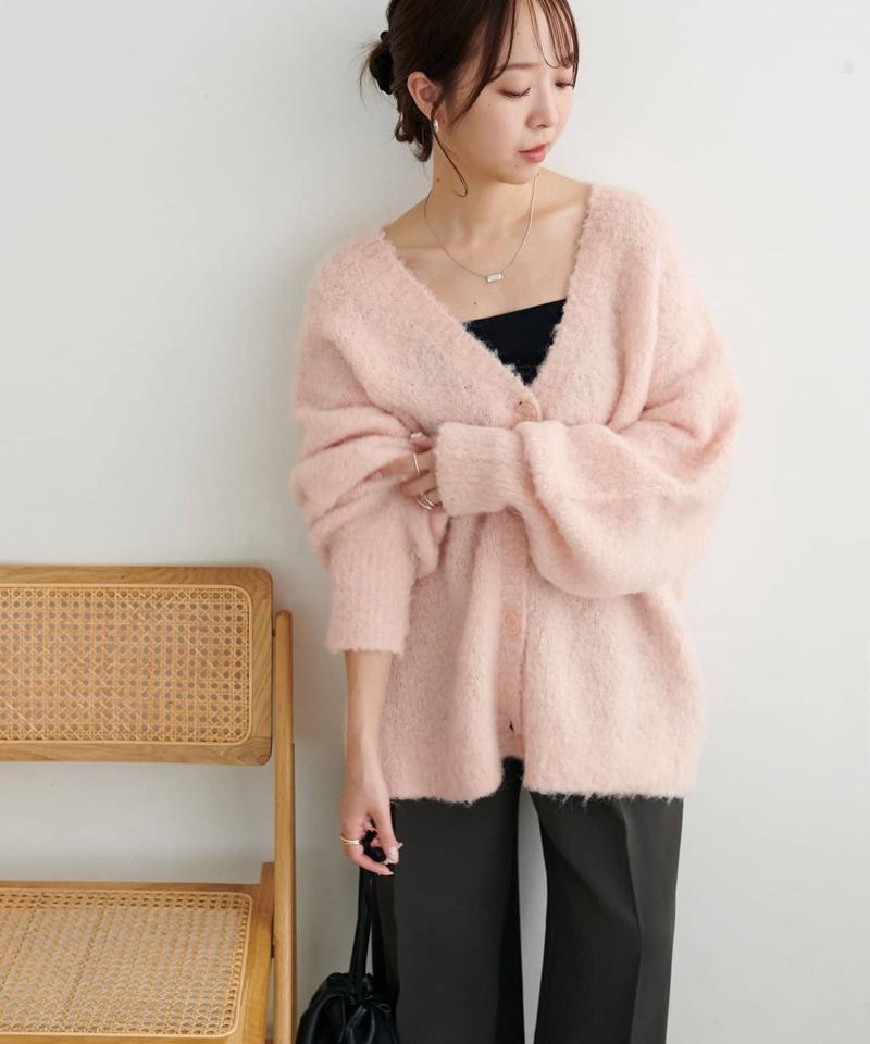 【柔らか素材/15色展開】MIXブークレシャギー配色Vネックカーディガン《WEB限定》