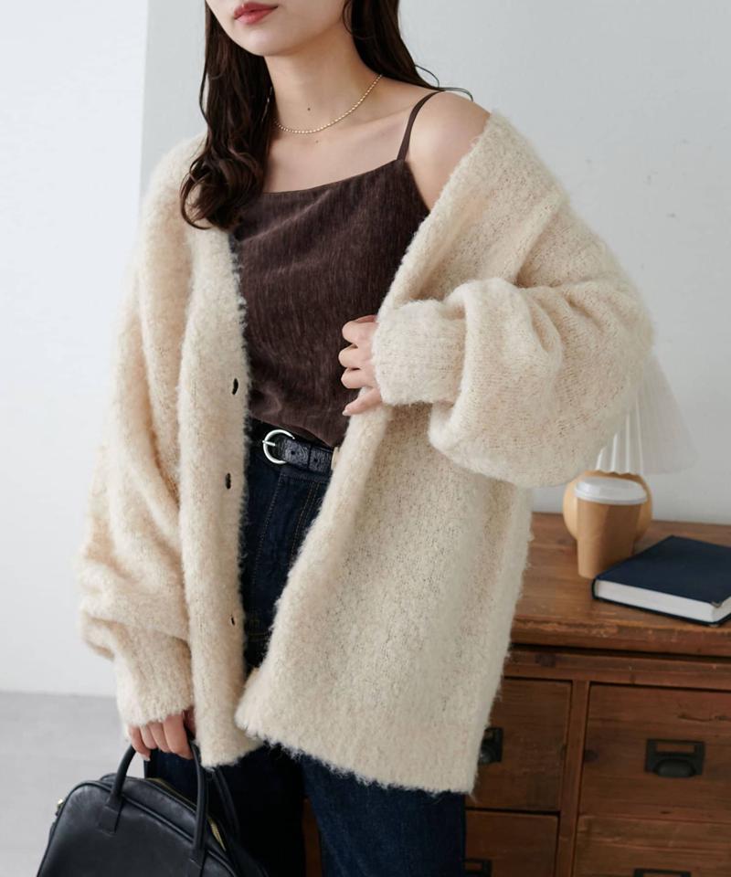 【柔らか素材/15色展開】MIXブークレシャギー配色Vネックカーディガン《WEB限定》