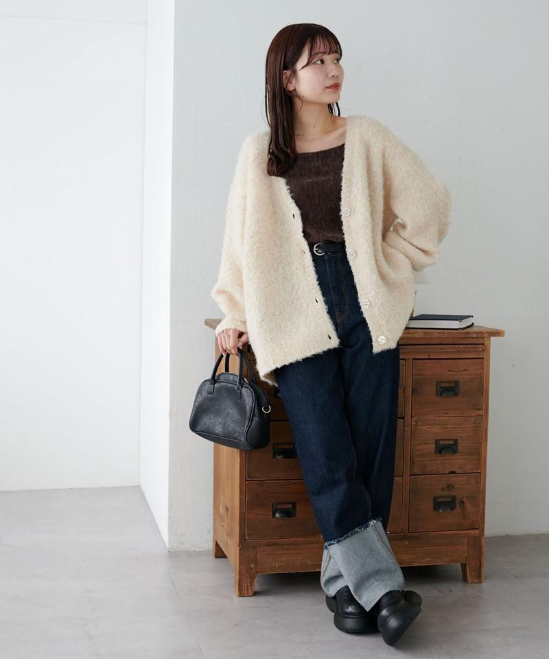 【柔らか素材/15色展開】MIXブークレシャギー配色Vネックカーディガン《WEB限定》