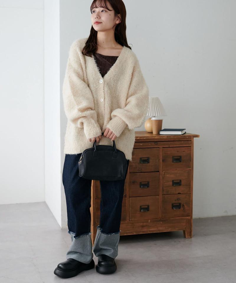 【柔らか素材/15色展開】MIXブークレシャギー配色Vネックカーディガン《WEB限定》