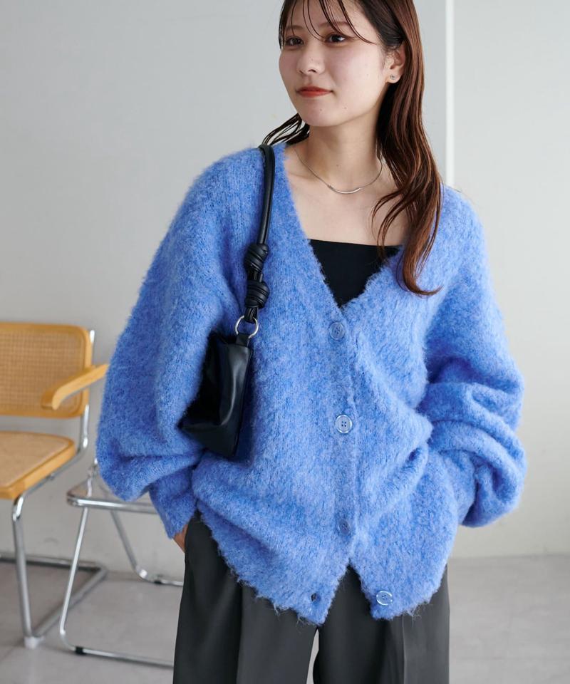 【柔らか素材/15色展開】MIXブークレシャギー配色Vネックカーディガン《WEB限定》