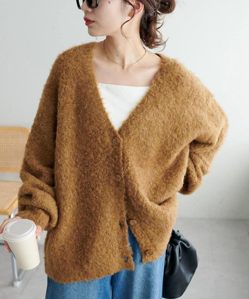 【柔らか素材/15色展開】MIXブークレシャギー配色Vネックカーディガン《WEB限定》