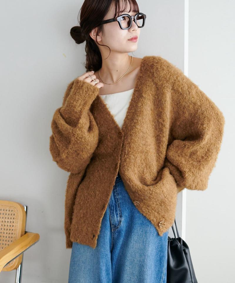 【柔らか素材/15色展開】MIXブークレシャギー配色Vネックカーディガン《WEB限定》