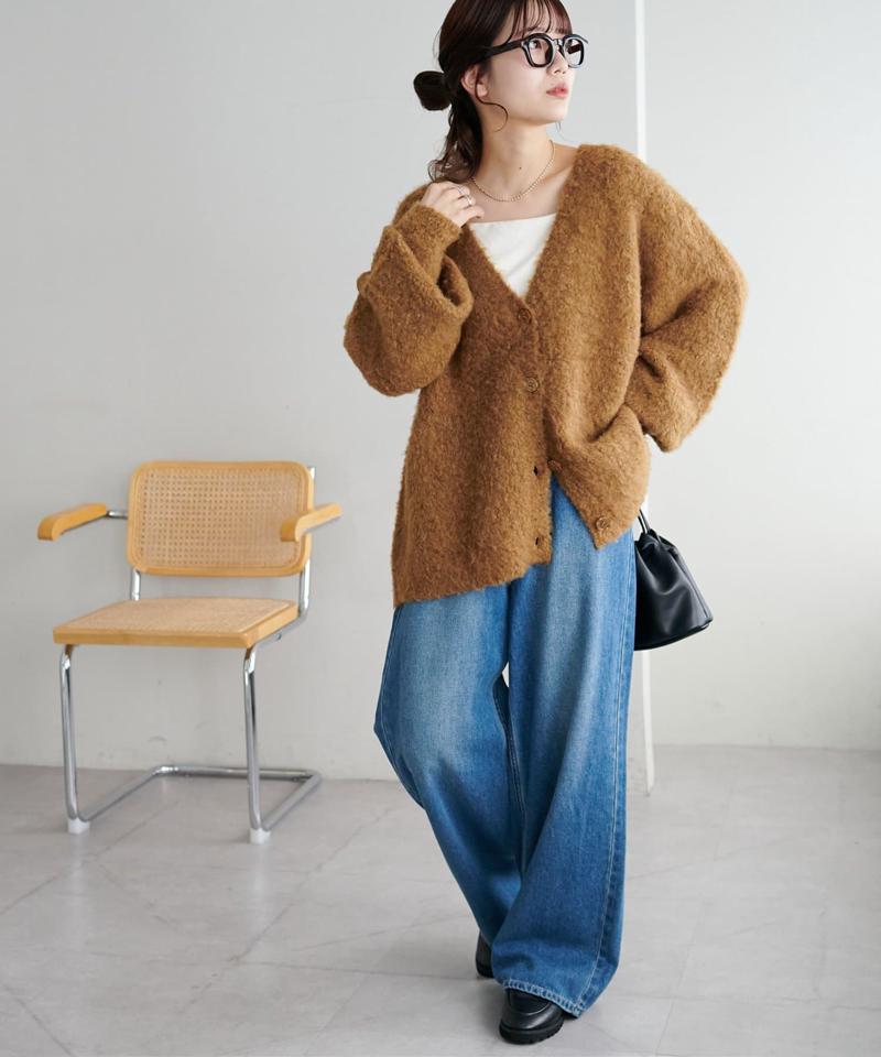 【柔らか素材/15色展開】MIXブークレシャギー配色Vネックカーディガン《WEB限定》